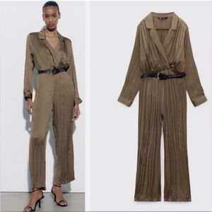 ZARA JUMPSUIT SATIN EFFECT PLEATED BELTED COLOR OLIVE GREEN SIZE L NWT